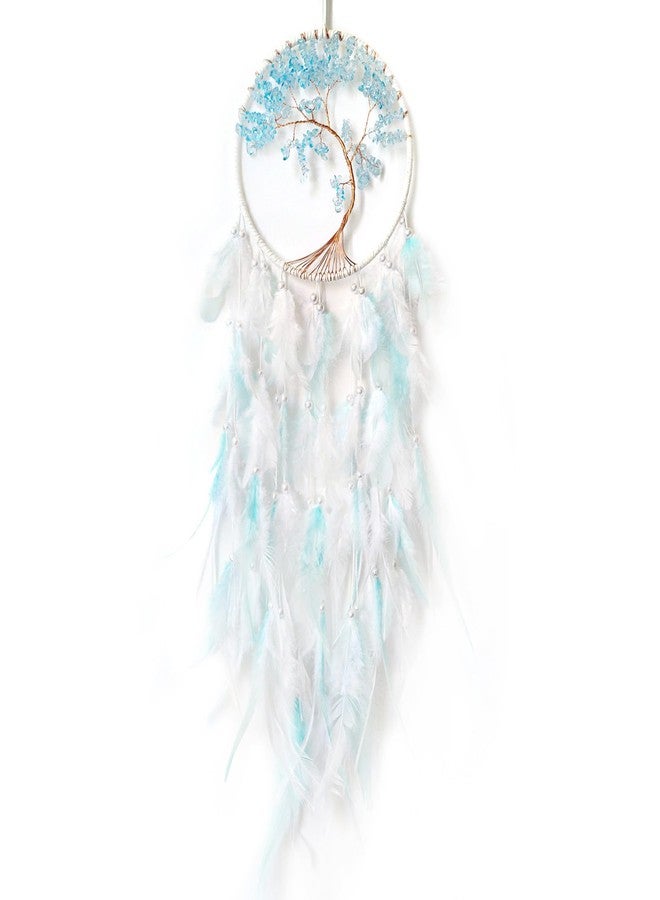 SOYUZU White and Cyan Dream Catcher Wall Decor Crystal Tree of Life Dream Catchers Handmade Feather Dreamcatcher Wall Hanging Ornament for Bedroom Living Room Home Decor - Image 1